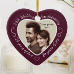 Ornamento De Cerâmica Foto do 24º aniversário de casamento<br><div class="desc">Comemore um 24º ano feliz de casamento com um ornamento personalizado de fotos em um delicioso quadro de forma cardíaca. Basta carregar sua própria foto do casal casado e ela aparecerá no recorte. O ambiente colorido da beringela (beringela) apresenta uma fonte e decorações brancas. As palavras são: 24º Aniversário de...</div>