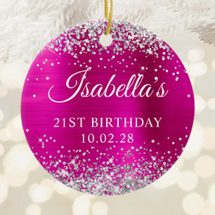 Ornamento De Cerâmica Foto do aniversário de 21 anos de folha rosa quent