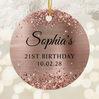 Ornamento De Cerâmica Foto do aniversário de 21 anos Rosa Gold Foil da G