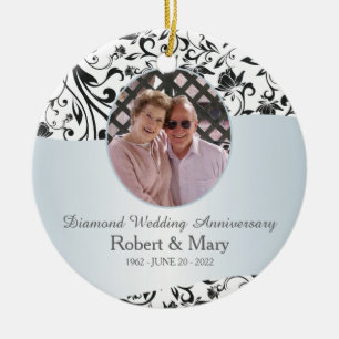 Ornamento De Cerâmica Foto do Aniversário do Casamento 60 do Black Swirl