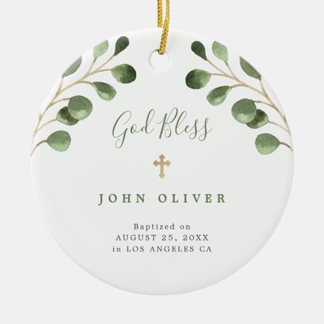 Ornamento De Cerâmica Foto do batismo do bebê do eucalipto verde (Frente)