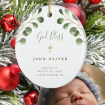 Ornamento De Cerâmica Foto do batismo do bebê do eucalipto verde<br><div class="desc">Folhas de verde de eucalipto aquoso e um fazer de caligrafia de estilo manuscrito clássico,  um belo menino ou menina baptismo personalizado de enfeite de Natal,  ornamento de árvore branca.</div>