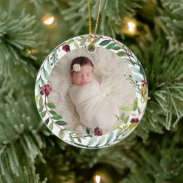 Ornamento De Cerâmica Foto do Bebê de Feriado Verde de Natal