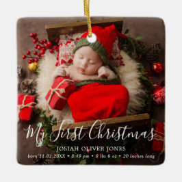 Ornamento De Cerâmica Foto do bebê elegante e simples meu primeiro Natal