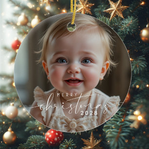 Ornamento De Cerâmica Foto do Bebê Feliz Natal Moderno