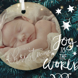 Ornamento De Cerâmica Foto do Bebê Personalizada com Script Simples de