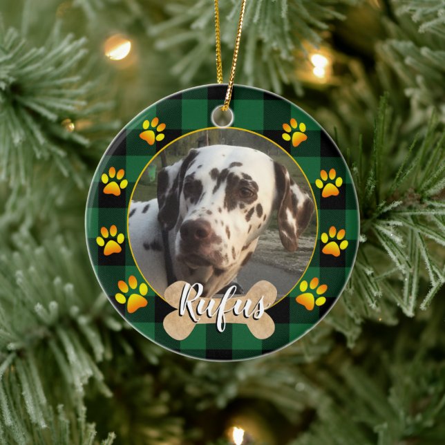 Ornamento De Cerâmica Foto do Cachorro da Família e osso, patas, Xadrez  (Árvore)