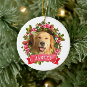 Ornamento De Cerâmica Foto do Cão com Coroa de Natal