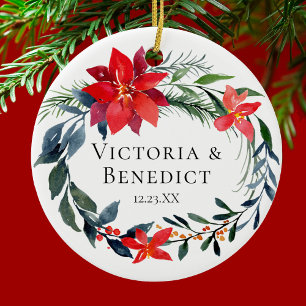 Ornamento De Cerâmica Foto do Casal de Casamento Floral de Poinsettia de