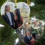 Ornamento De Cerâmica Foto do Casal do Coração Duplo Lado e Envolvido na<br><div class="desc">Ornamento de fotos em movimento e Feliz - perfeito para o primeiro natal de casal engajado. O modelo de foto está configurado para que você adicione uma foto de noivado em cada lado. Um lado tem uma camada de texto elegante que lê "engajado & feliz" e o outro lado como...</div>