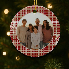 Ornamento De Cerâmica Foto do Floco de Neve da Xadrez Vermelha Moderna