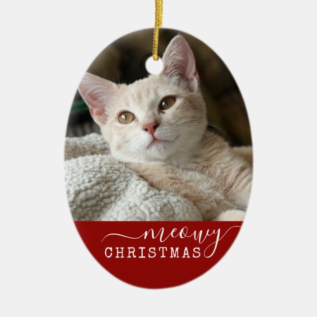 Ornamento De Cerâmica Foto do Gato Personalizado Vermelho, Feliz Natal O (Frente)