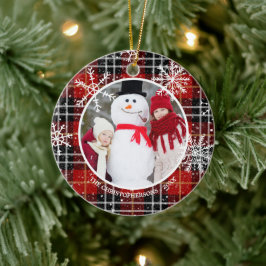 Ornamento De Cerâmica Foto do Monograma do Floco de Neve Vermelho Xadrez