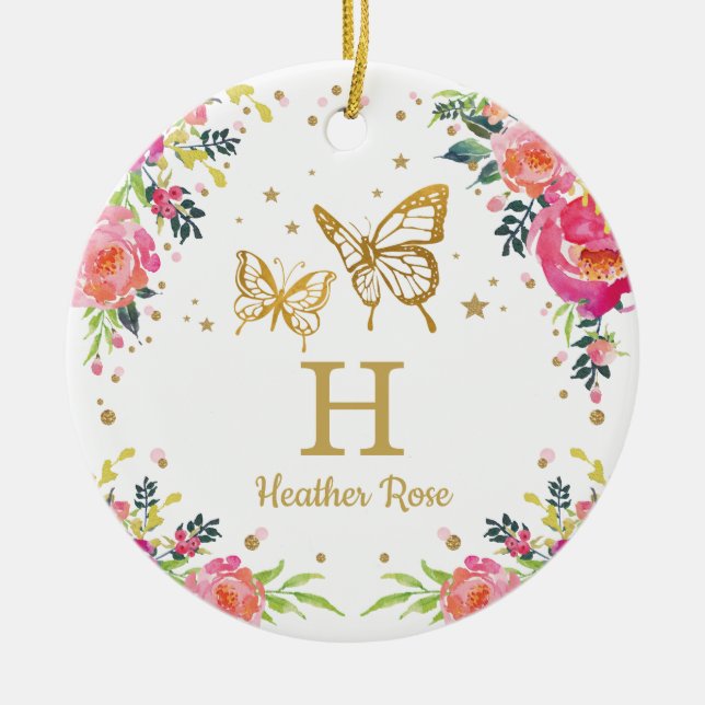 Ornamento De Cerâmica Foto do Natal da borboleta floral ?a primeira (Frente)