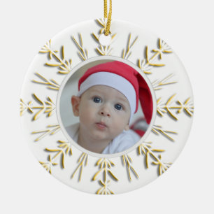 Ornamento De Cerâmica Foto do Natal do bebê Dourado do floco de neve ?a
