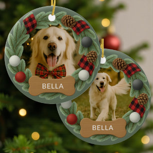 Ornamento De Cerâmica Foto do Nome do Cachorro no Natal Coroa de Natal