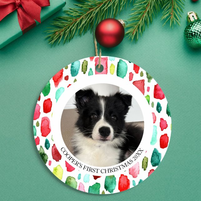 Ornamento De Cerâmica Foto do Primeiro Natal 2 da Puppy (Puppy's First Christmas 2 Photo Ceramic Ornament)