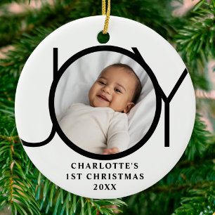 Ornamento De Cerâmica Foto do Primeiro Natal da Menina com Alegria Perso