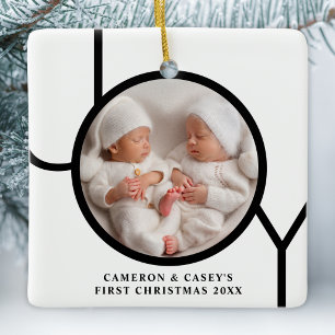Ornamento De Cerâmica Foto do Primeiro Natal de Gêmeos Alegria Preto Bra