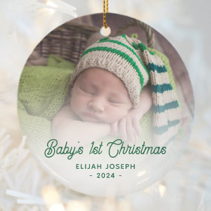 Ornamento De Cerâmica Foto do Primeiro Natal do Bebê - Letra Verde