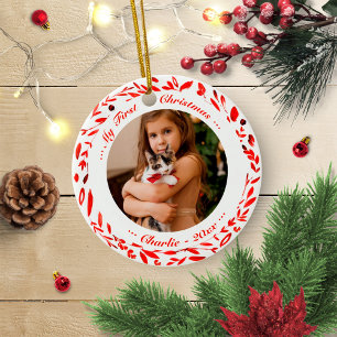 Ornamento De Cerâmica Foto do Primeiro Natal do Gato com Coroa Vermelha