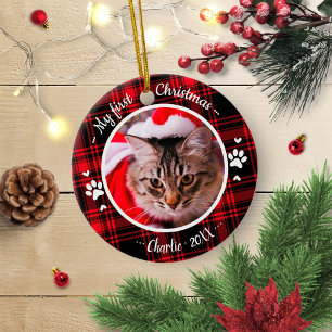 Ornamento De Cerâmica Foto do Primeiro Natal do Gato em Xadrez Vermelho