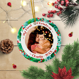 Ornamento De Cerâmica Foto do Primeiro Natal do Gato Pet em Aquarela Fof