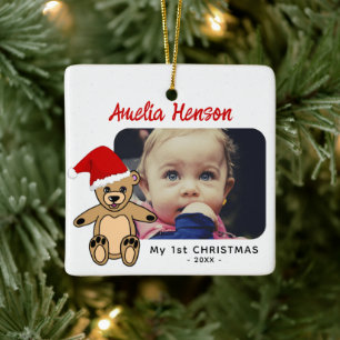 Ornamento De Cerâmica Foto do Primeiro Natal do Urso de Teddy Santa