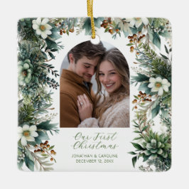 Ornamento De Cerâmica Foto do Primeiro Natal Elegante Greenery Arch