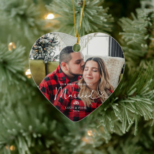 Ornamento De Cerâmica Foto do Primeiro Natal Moderno Casada Recém-casada