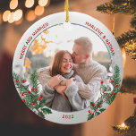 Ornamento De Cerâmica Foto do quadro clássico Holly Pine Silver Newlywed<br><div class="desc">A Enfeites de natal Classic Holly Pine Silver Frame Photo Newlyweds 1rua tem um quadro prateado brilhante adornado com ornamento Holly, Pine e Fita para exibir sua própria memória especial. A brilhante e brilhante borda prateada circunda suas fotos memoriais. A fita sagrada, pinheira e seda completa toda a design com...</div>