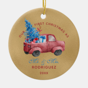 Ornamento De Cerâmica Foto do Red Christmas Truck Watercolor