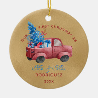 Ornamento De Cerâmica Foto do Red Christmas Truck Watercolor