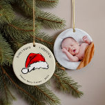 Ornamento De Cerâmica Foto do Red Santa Hat Baby<br><div class="desc">Uma recordação carinhosa do primeiro Natal do bebê,  com uma pintura brincalhada,  cor d'água,  Santa Hat,  na frente,  com seus detalhes e sua foto favorita no verso.</div>