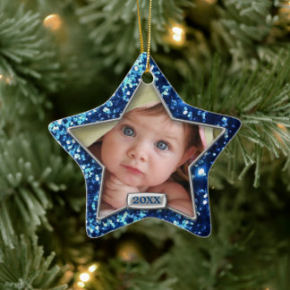 Ornamento De Cerâmica Foto do Sparkle Star Blue/Silver