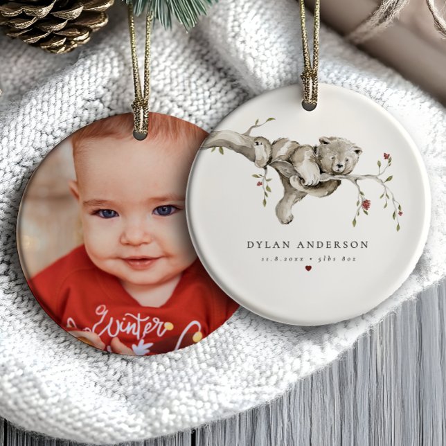 Ornamento De Cerâmica Foto do Urso Bebê com Aquarela de Natal (Criador carregado)