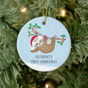 Ornamento De Cerâmica Foto doce Sloth Baby Primeira Ornament de Natal