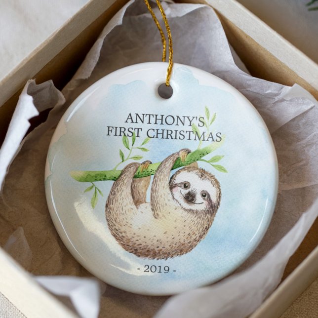 Ornamento De Cerâmica Foto doce Sloth Baby Primeiro Ornament de Natal (Criador carregado)