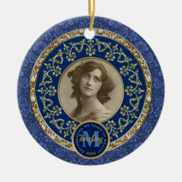 Ornamento De Cerâmica Foto Dourada Clássica Damasco Comemorativo Azul Es