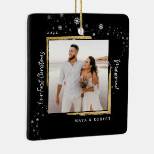 Ornamento De Cerâmica Foto Dourada com estrutura, nosso primeiro Natal c