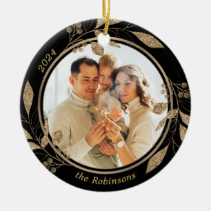 Ornamento De Cerâmica Foto Dourada da família Foliage Natal Preto