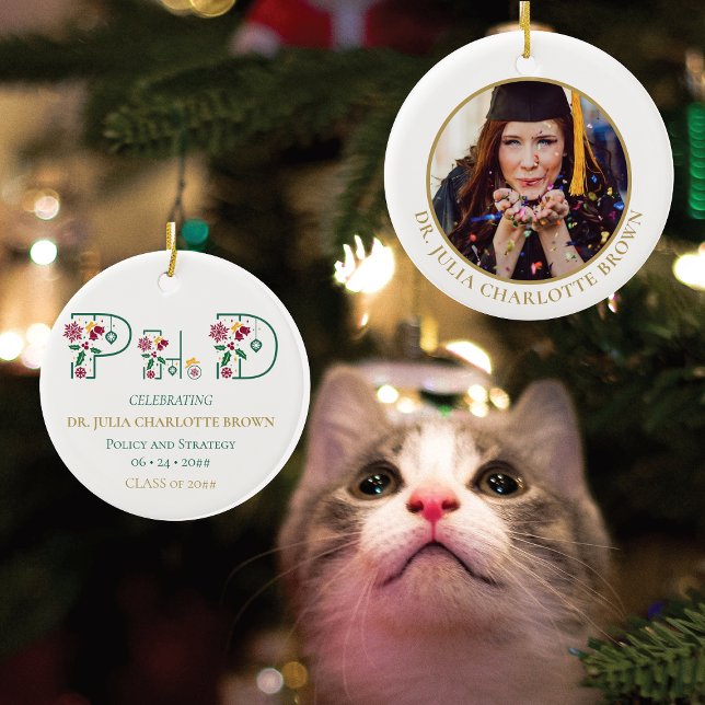 Ornamento De Cerâmica Foto: Doutorado em Doutorado em Keepsasaokt no Nat (Gift for PhD Graduate, PhinisheD First Christmas as a Doctor, Personalized PhD Degree Photo Ornament)