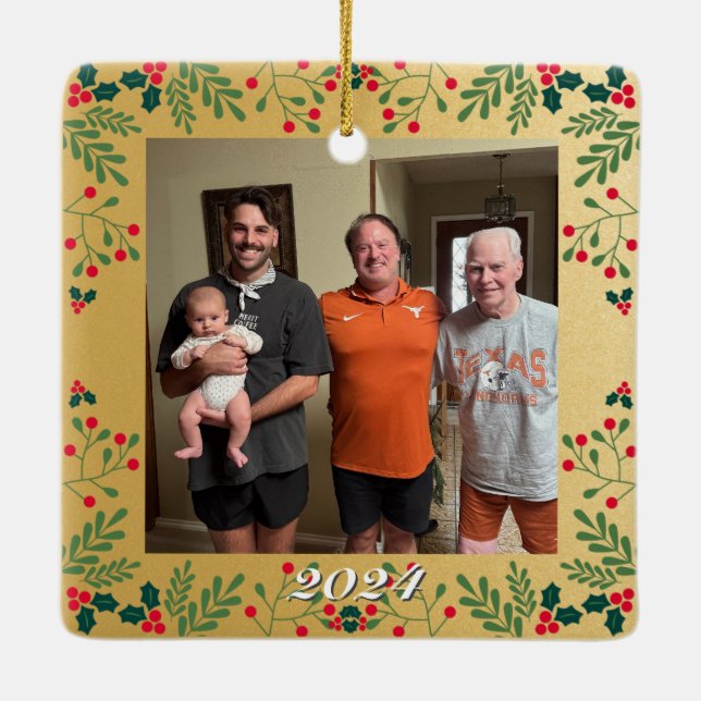 Ornamento De Cerâmica Foto dupla de Natal da família Dourada e Holly Fra (Verso)