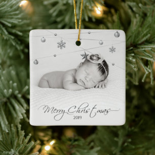 Ornamento De Cerâmica Foto e caligrafia personalizadas de Natal