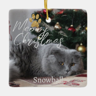 Ornamento De Cerâmica Foto e pata de gato personalizada de Natal feliz