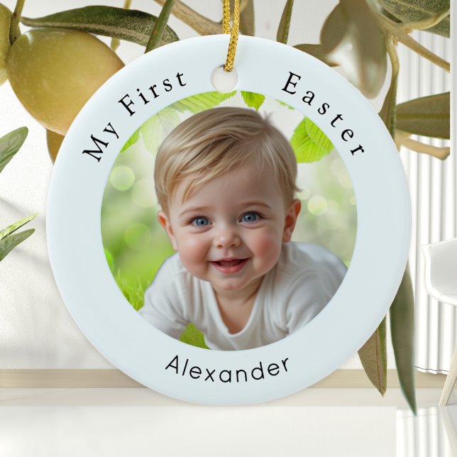 Ornamento De Cerâmica Foto elegante de primeira Páscoa do bebê (A cute ornament for baby's first Easter, with custom photo, name, and your own message on the back)
