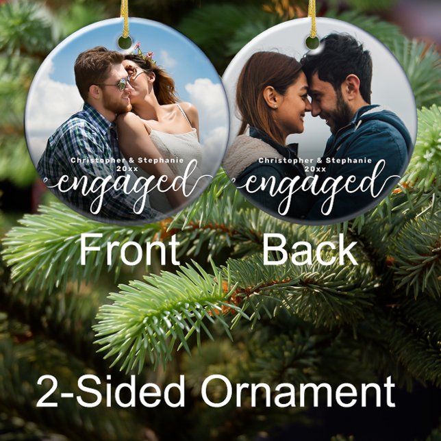 Ornamento De Cerâmica Foto em dupla face engajada no primeiro Natal (custom photo engagement christmas ornament engaged personalized gift for fiancee)