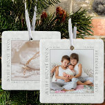 Ornamento De Cerâmica Foto em Floco de Neve Branco e Estatísticas de Nas<br><div class="desc">O ornamento de fotos de natalidade com flocos de neve brancos delicados em um fundo de cinza prateada. O modelo fotográfico está pronto para você adicionar sua foto de bebê, que é enquadrada com suas estatísticas de natalidade recém-nascida. Você pode adicionar a mesma foto ou outra no verso, ambas exibidas...</div>