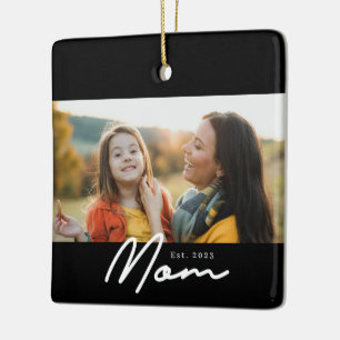 Ornamento De Cerâmica Foto em preto e branco com script de Mãe Estabelec