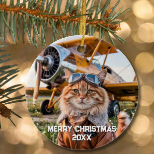 Ornamento De Cerâmica Foto engraçada de Natal de avião de piloto de gato